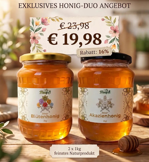 Akazienhonig und Blütenhonig im Angebot bei natürlichem Hintergrund