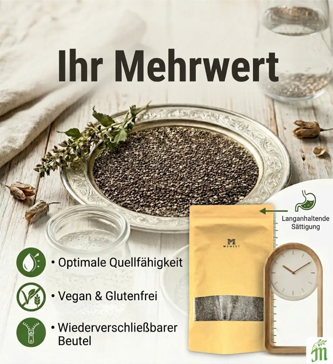 Eine Packung Chiasamen mit optimaler Quellfähigkeit und wieder verschließbaren Beutel präsentiert den Mehrwert von diesen Samen.