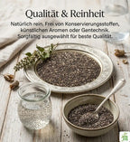 Chiasamen in einem dekorativen Teller, die frei von Konservierungsstoffen, Pestiziden und in bester Qualität sind.