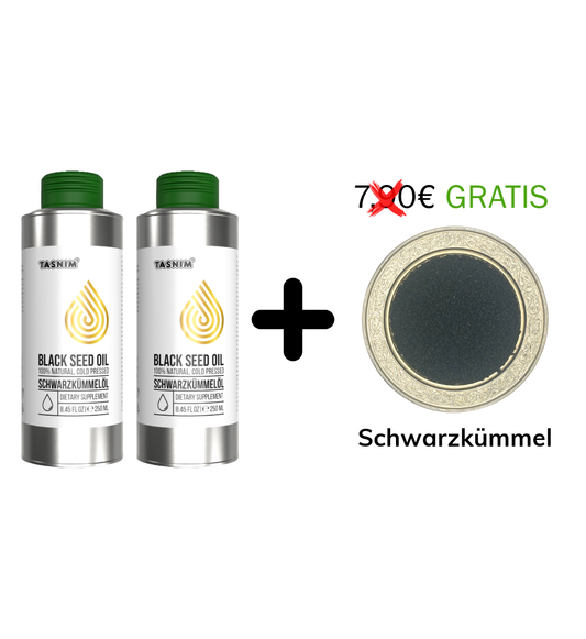 2 Tasnim Schwarzkümmelöle + 200g Schwarzkümmel GRATIS